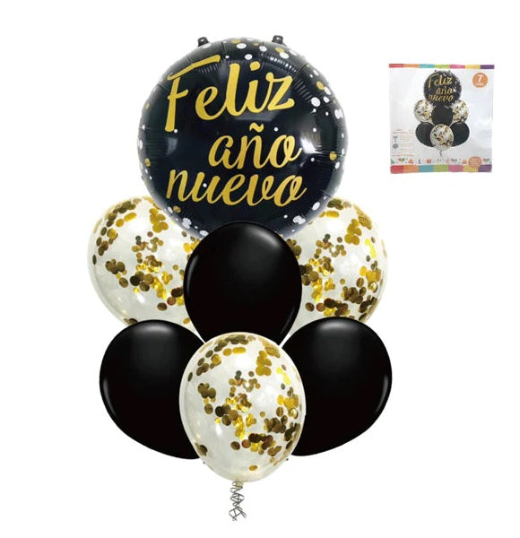 GLOBO LATEX/MYLAR FELIZ AÑO NUEVO 7 PIEZAS