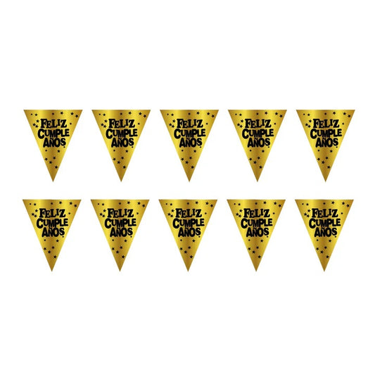 Banderin Triangular Feliz Cumpleaños Dorado/Negro