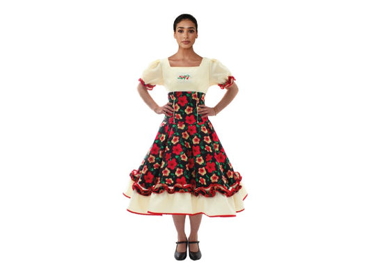Vestido Comp Huasa Chinita Floreado Negro Blanco Mujer