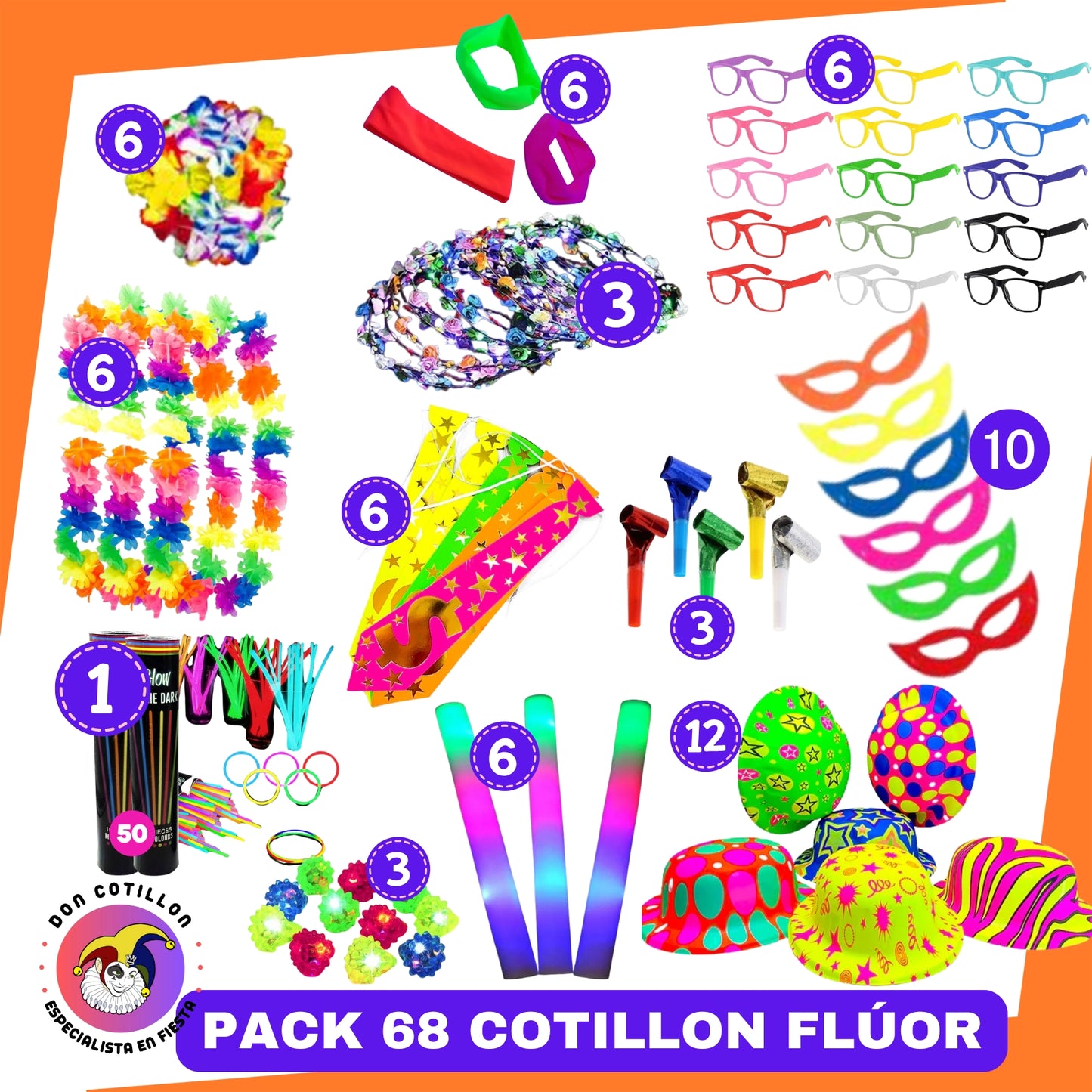 PACK 68 ELEMENTOS FLUOR regalo 50 pulseras luminosas