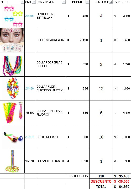 Pack 50 invitados cotillon flúor luminoso