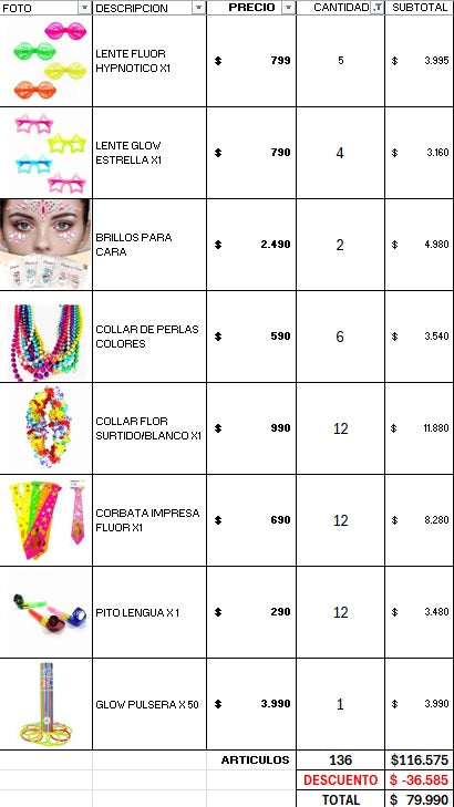 Pack 60 invitados flúor luminoso