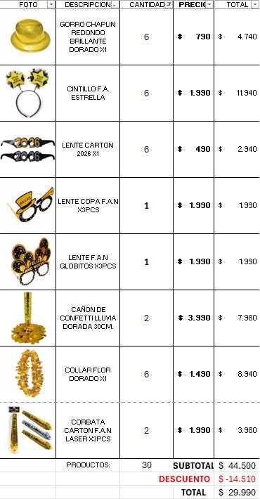 PACK AÑO NUEVO DORADO 12 PERSONAS