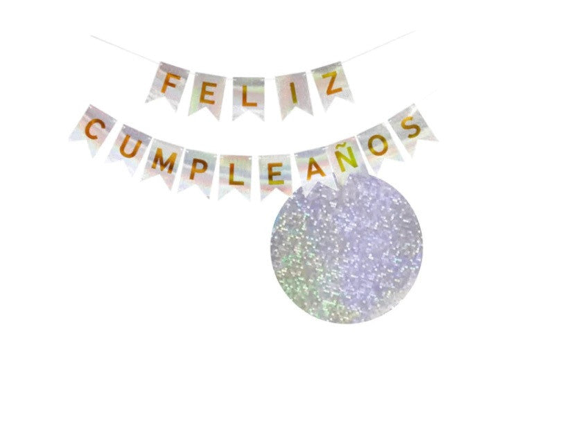 Banner Feliz Cumpleaños Holografico Plateado