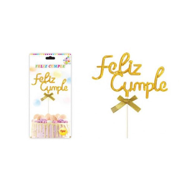 Topper Torta Feliz cumple Dorado