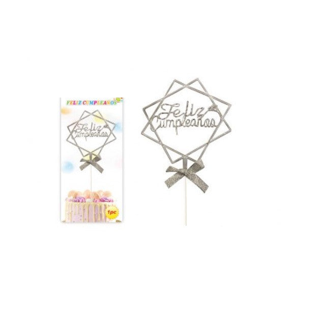 Topper Torta Cuadros Plateado