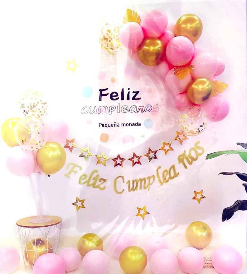 Set Decoración Feliz Cumpleaños Rosada y Dorada 41 pcs