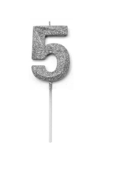 Vela Número 5 Plateada Glitter
