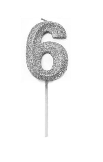 Vela Número 6 Plateada Glitter
