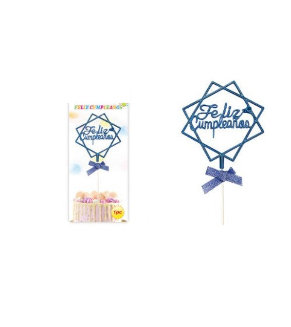 Topper Torta Cuadrado Azul Metalico