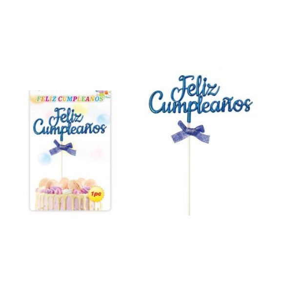 Topper Torta Feliz Cumpleaños Azul Metalico