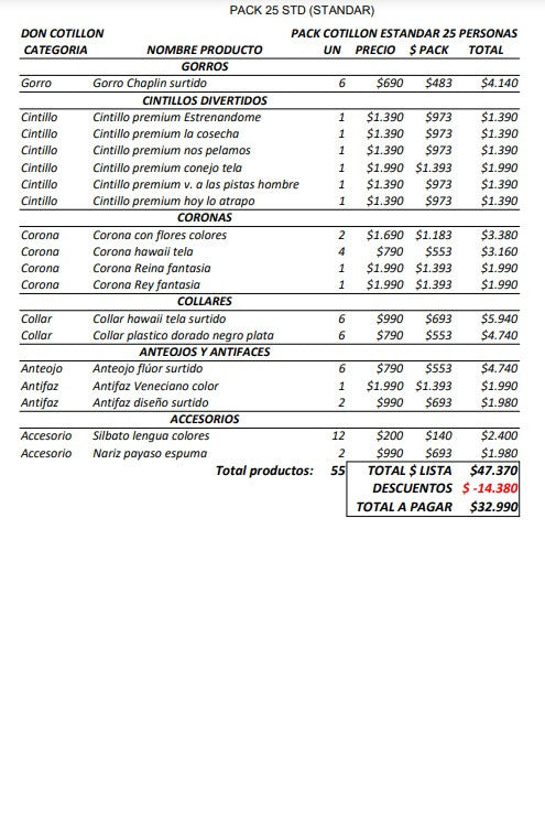 Pack cotillon standar 25 personas