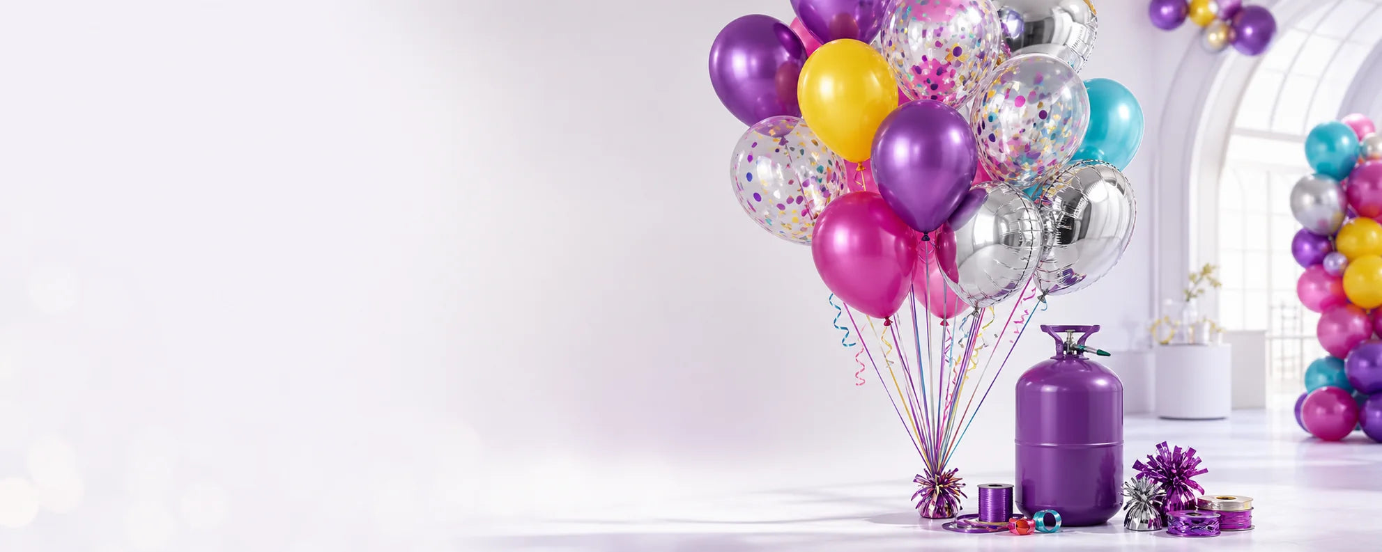 Globos flotando con helio y tanque para inflarlos