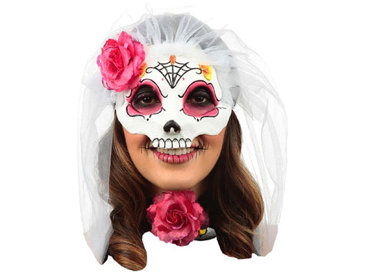 Mascara Catrina Con Velo 6 Ojos Rosados/Negro Con Bindi - Ghoulish - Carnaval Online