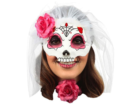 Mascara Catrina Con Velo 6 Ojos Rosados Con Bindi - Ghoulish - Carnaval Online