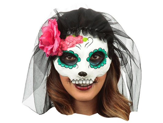 Mascara Catrina Con Velo 9 Ojos Verde Agua - Ghoulish - Carnaval Online