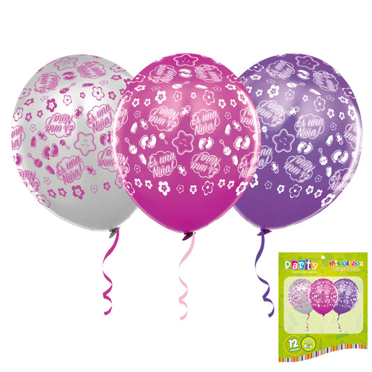 Set de Globos estampados "ES UNA NIÑA" x 12 unidades
