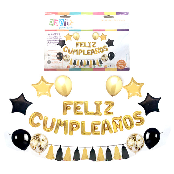 Set Globo Mylar 35 Pzas. F.C./Tassel Gold/Black - Globos
