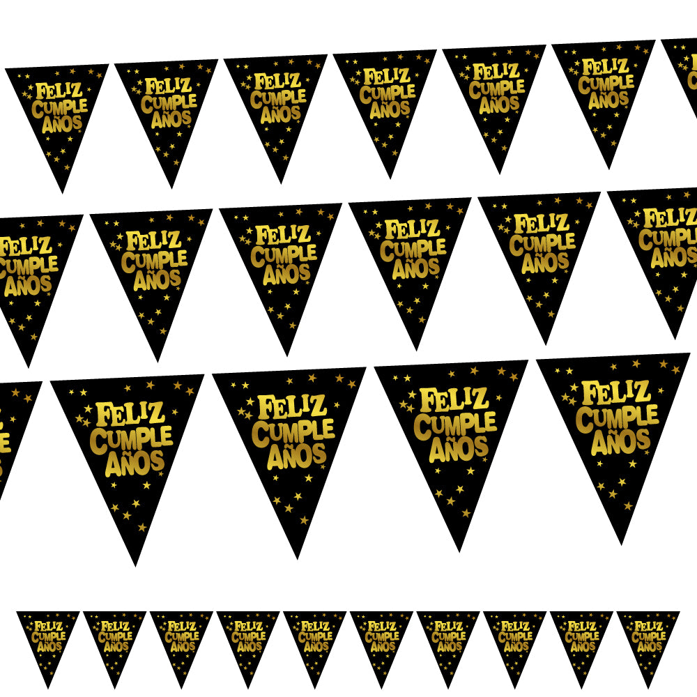 Banderin Triangular Feliz Cumpleaños Negro/Dorado - Decoración