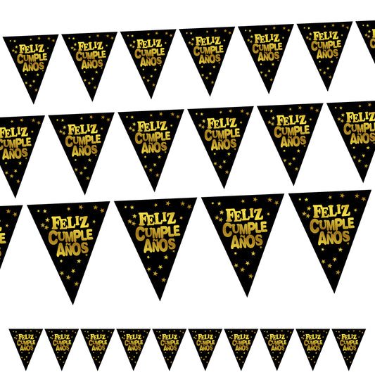Banderin Triangular Feliz Cumpleaños Negro/Dorado - Decoración