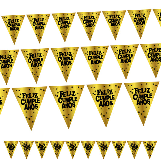 Banderin Triangular Feliz Cumpleaños Dorado/Negro - Decoración