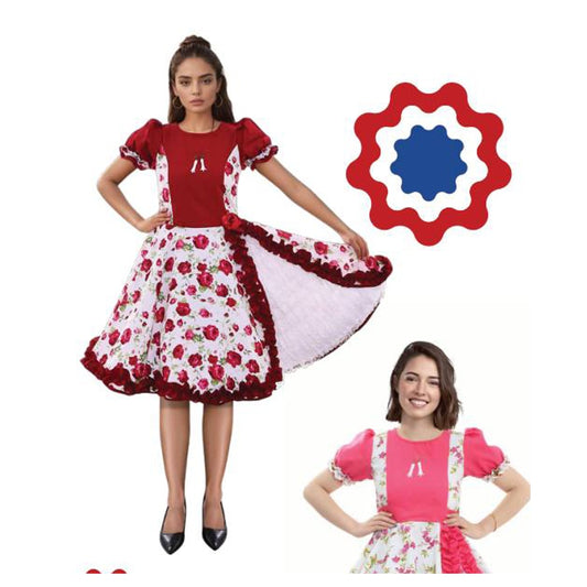 Vestido Huasa Chinita Floreado Burdeo/Blanco M