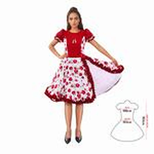 Vestido Huasa Chinita Floreado Burdeo/Blanco Xl