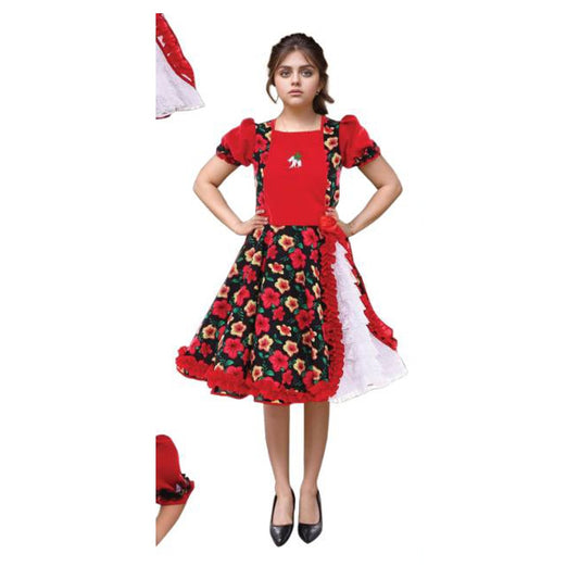 Vestido Huasa Chinita Floreado Rojo/Negro L