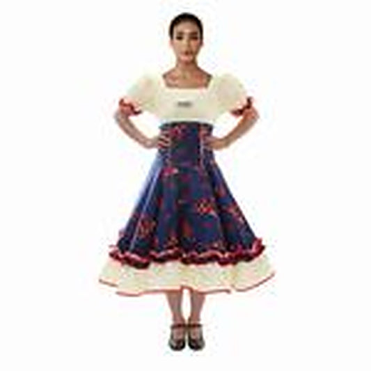 Vestido Comp Huasa Chinita Floreado Azul/Blanco L