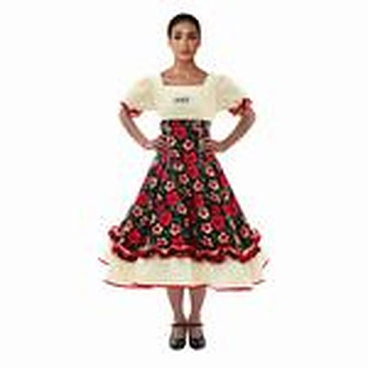 Vestido Comp Huasa Chinita Floreado Negro/Blanco L