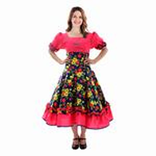 Vestido Comp Huasa Chinita Floreado Fucsia/Azul Xl