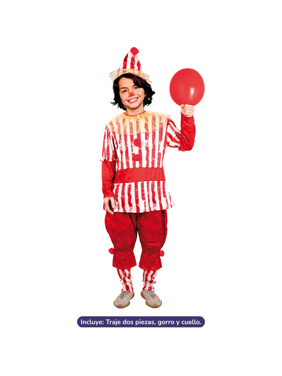 Disfraz infantil de payaso a rayas rojas y blancas con gorro y cuello - Don Cotillón