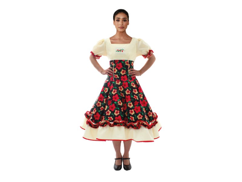 Vestido Comp Huasa Chinita Floreado Negro Blanco Mujer