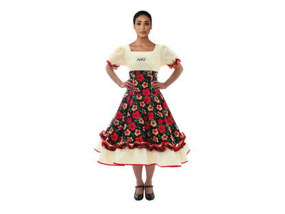 Vestido Comp Huasa Chinita Floreado Negro Blanco Mujer