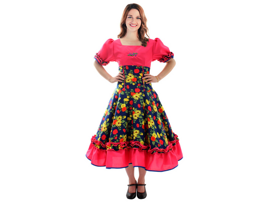 Vestido Huasa Chinita Floreado Fucsia/Azul