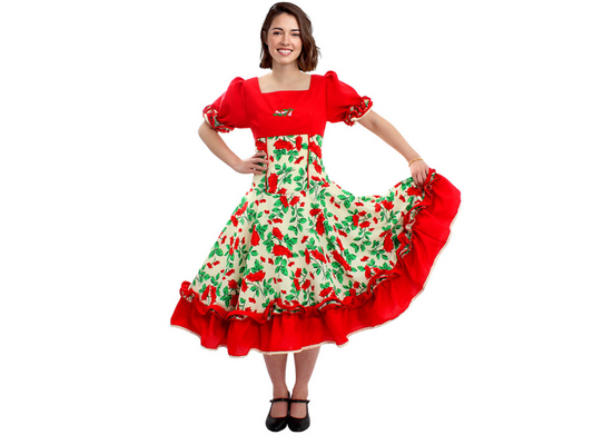 Vestido Huasa Chinita Floreado Rojo/Blanco