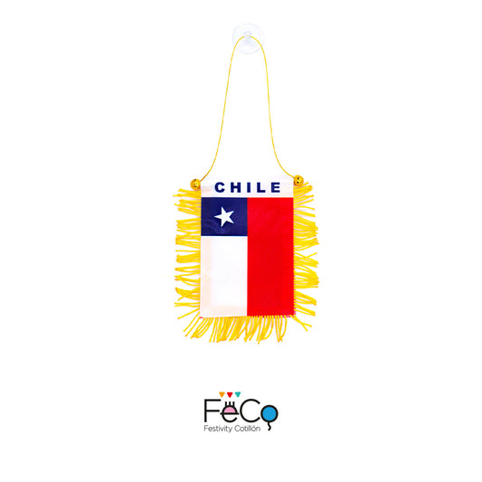 Colgante bandera de Chile con flecos dorados 8x12 cm, paquete de 12 unidades