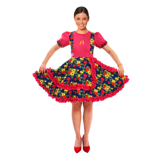 Vestido de huasa chinita floreado fucsia con azul talla S