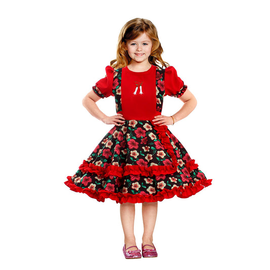 Vestido de huasa chinita floreado fucsia con negro talla 10-12 anos