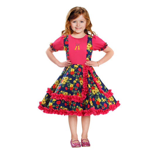 Vestido de huasa chinita floreado fucsia con azul talla 7-9 anos
