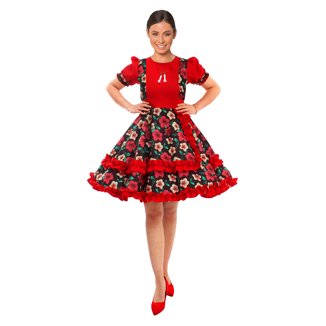 Vestido de huasa chinita floreado fucsia con negro talla S