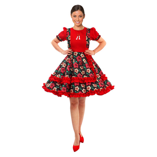 Vestido de huasa chinita floreado fucsia con negro talla S