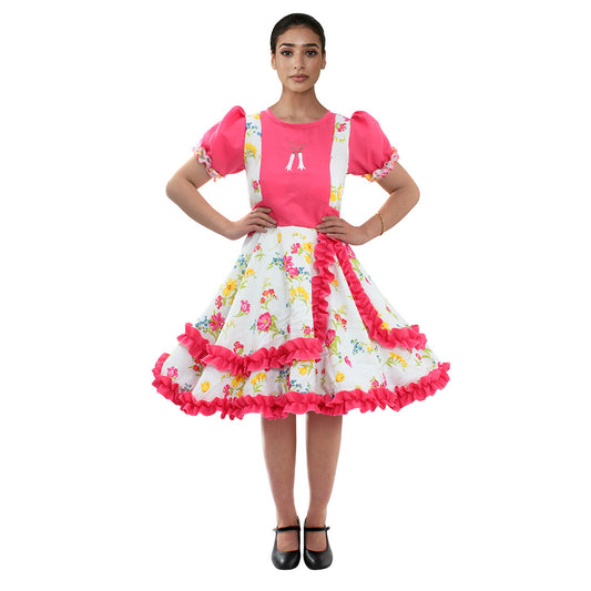 Vestido de huasa chinita floreado fucsia con blanco talla M