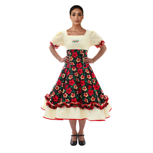 Vestido de huasa chinita de competencia floreado negro con blanco