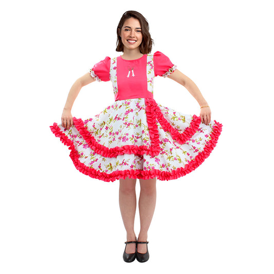 Vestido de huasa chinita floreado fucsia con blanco talla S