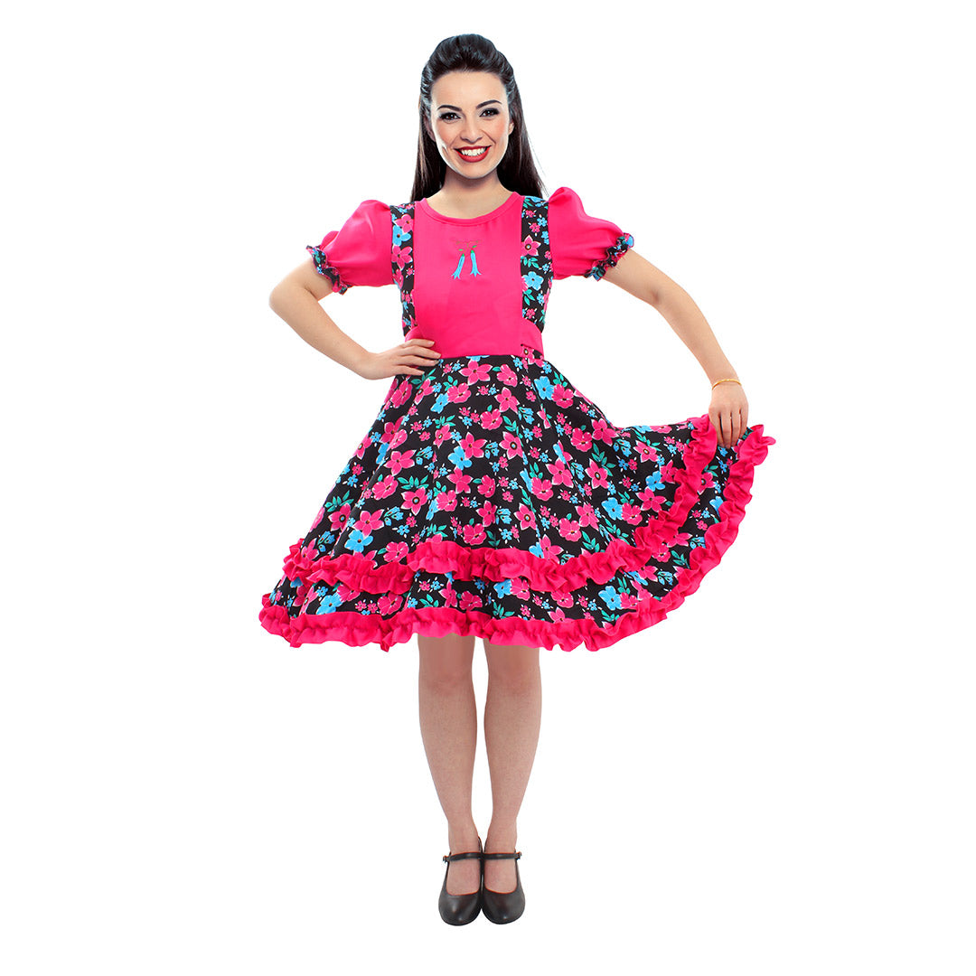 Vestido de huasa chinita floreado fucsia con negro talla M