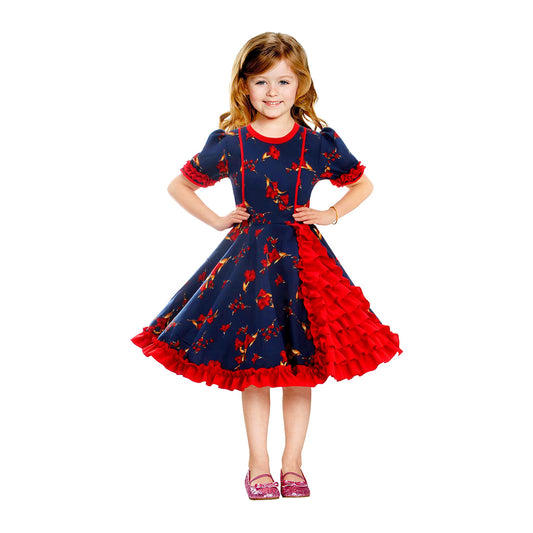 Vestido de huasa chinita floreado azul con fucsia talla 5-6 anos
