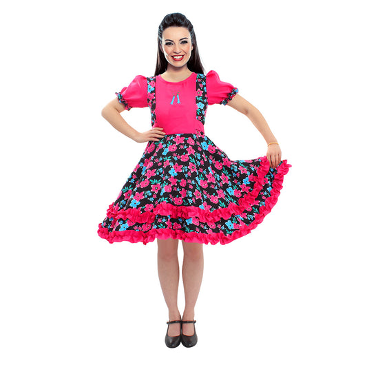 Vestido de huasa chinita floreado fucsia con negro talla XL