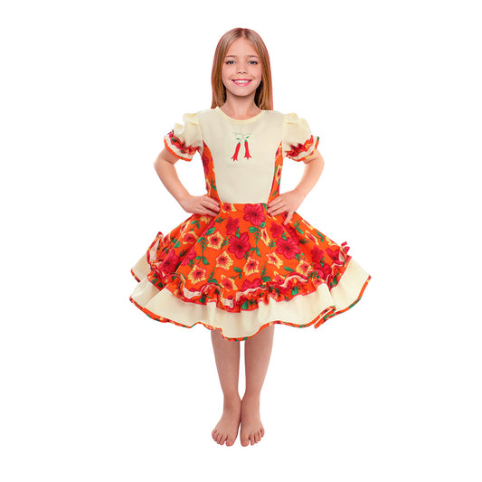 Vestido de huasa chinita floreado naranjo con blanco talla 7-9 anos