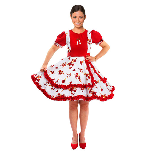 Vestido de huasa chinita floreado rojo con blanco talla XL